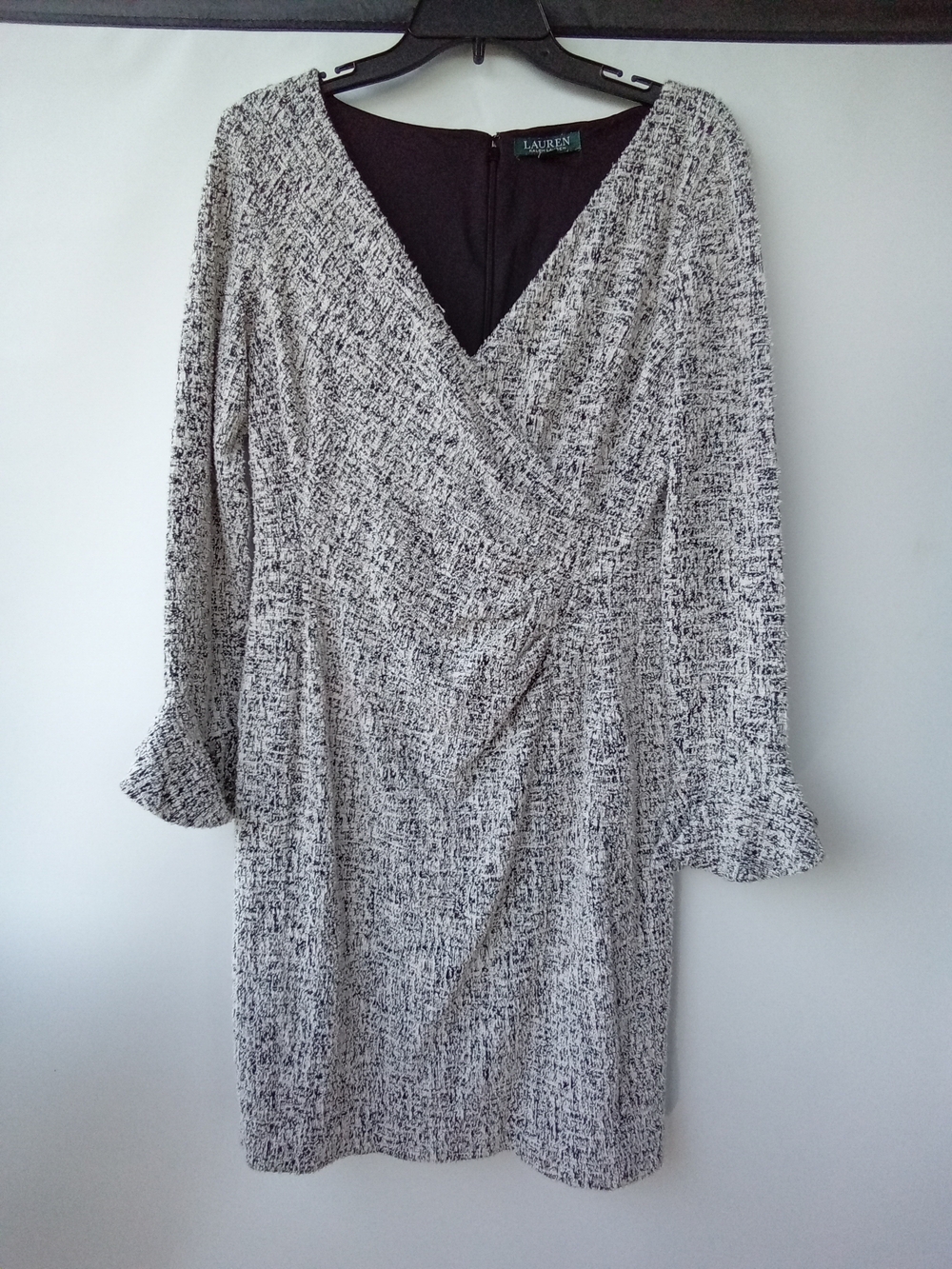 LAUREN RALPH LAUREN black white tweed faux wrap ruffle sleeve dress size 14